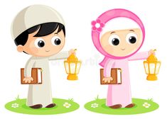 two children dressed in muslim garb pointing at each other with lanterns on the ground