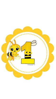 a yellow and white number one with a bee holding a cup in it's hand