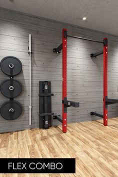 an empty gym room with exercise equipment on the wall and wood flooring, along with a sign that reads flex combo