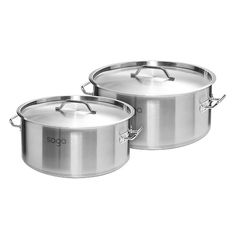 two stainless steel pots sitting side by side