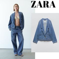 Zara Denim Jacket. Size M. Not That Oversized. Fits Perfect. Front Pokets Lapel Collar Extr Button Attached Oversized Blazer With Patch Pockets For Spring, Oversized Spring Blazer With Patch Pockets, Spring Blue Blazer With Patch Pockets, Oversized Denim Jacket For Work, Spring Denim Blazer With Patch Pockets, Relaxed Fit Denim Jacket With Buttoned Pockets For Spring, Spring Denim Jacket With Buttoned Pockets And Relaxed Fit, Spring Relaxed Fit Denim Jacket With Buttoned Pockets, Spring Light Wash Denim Jacket With Buttoned Pockets