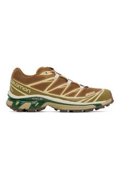 Salomon: Brown XT-6 Sneakers | SSENSE Ski Shop, Mesh Sneakers, Mens Sweatpants, Leather Trim, Leather Trims, Low Top, Patch Logo, Womens Sneakers, Athletic Shoes