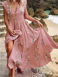 Women's Casual Dress Swing Dress Floral Print V Neck Long Dress Maxi Dress Boho A Line Street Holiday Short Sleeve Loose Fit Pink Blue Fuchsia Summer S M L XL 2XL 2024 - $27.99 Wedding Guest Dress Code, Summer Dress Ideas, Maxi Dresses And Skirts, Alternative Dresses, Bohemian Print Dress, Dresses For Beach, California Boho, French Beach, Women Maxi Dresses