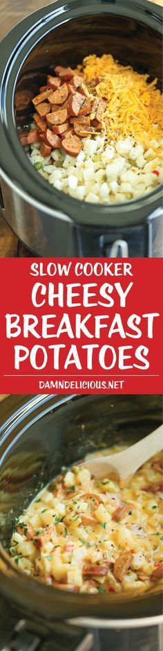 slow cooker cheesy breakfast potatoes in the crock pot with text overlay