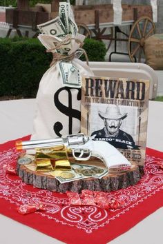 80th Western Birthday Party, Wanted Party Theme, Cowboy 80th Birthday Party, Wild West Table Centerpieces, Western Decor Party Ideas, Wild West Centerpieces Table Decorations, Cowboy Party For Adults, Cowboy Party Decorations For Men, Western Dinner Table Decor