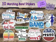 10 matching band stickers are shown on a wooden background with the words, it's marching band