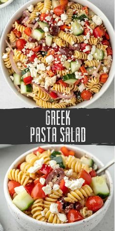 two bowls filled with different types of pasta salads and one bowl full of vegetables