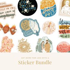 the sticker bundle includes many different types of stickers, including one with an image of jesus