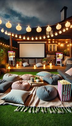 an outdoor movie theater with lights and pillows