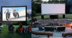 people sitting in chairs around a fire pit and watching movies on large screen televisions