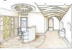 this is a drawing of a bathroom in a house that looks like it has been designed to look like an art deco