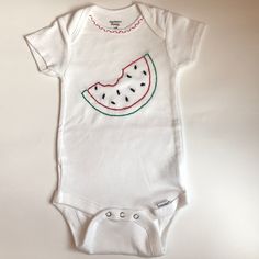 Hand Made Item Made On 5-19-19! Gerber Organic Cotton Onesie Size 3-9 Months! Cute White Tops With Fruit Design, Cute White Fruit Design Tops, Embroidered Summer Tops For Playtime, Embroidered Onesie Girl, Fox Onesie, Baseball Onesie, Onesie Decorating, Cat Onesie, Embroidered Onesie