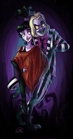 two people dressed up as the joker and the person in striped shirt are dancing with their arms around each other