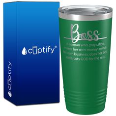 a green tumbler cup next to a blue box with the words, boss on it