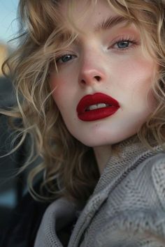 Blonde Red Lipstick, Red Lipstick Makeup Looks, Red Lipstick Shades, Lipstick Dark Red, Red Lipstick Makeup, Face Charts, Make Up Tutorials, Poetry Ideas, Perfect Lipstick