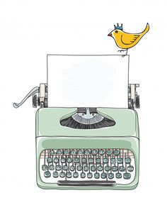 a yellow bird sitting on top of an old fashioned typewriter with a blank paper