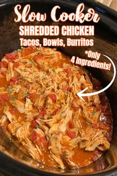 SLOW-COOKER SHREDDED CHICKEN TACOS AND BURRITOS - Just a few ingredients to make, so simple, so good. The only way I make chicken tacos and burritos!! Tender, juicy, delicious!! Shredded Chicken Tacos Crockpot Rotel, Shredded Fajita Chicken Crock Pot, Chicken Tacos In Crockpot Slow Cooker, Rotel Shredded Chicken Crock Pot, Juicy Shredded Chicken Crock Pot, Taco Bar Chicken Crock Pot, Juicy Crockpot Shredded Chicken, Shredded Chicken For Burritos, Chicken Burrito Crockpot Recipes