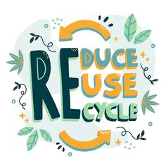 the words reduce use cycle are surrounded by leaves and stars in green, orange, and blue colors