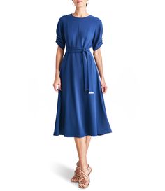 From DKNY, this dress features:Knit fabrication Round neckline Short ruched sleeves Tie waist  Hardware detail Back zip closureApprox. 44.25" length Polyester Dry clean Imported. New York Life, Ruched Sleeve, Donna Karan, Dillard's, Modest Dresses, Round Neckline, Round Neck, Dry Clean, Midi Dress