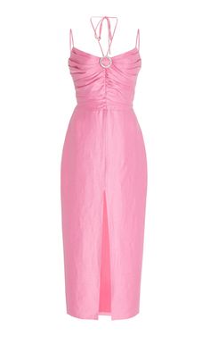 Shop the Pink Jewel-Embellished Draped Linen-Blend Midi Dress by Rasario and more new designer fashion on Moda Operandi.