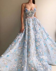 Spaghetti Strap Sweetheart Cute Long Prom Dresses Cheap - Bridelily Sky Blue Prom Dress, Burgundy Homecoming Dress, 3d Fabric, Gowns Elegant, Gown Style, Blue Tulle, Sweet 15, Gowns Wedding, A Line Prom Dresses