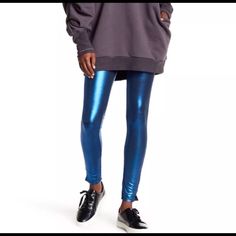 Nwt Free People Metallic Blue Leggings. Bin 4 Blue Stretch Leggings For Fall, Stretch Blue Leggings For Fall, Blue Tight Casual Bottoms, Casual Blue Tight Bottoms, Trendy Stretch Blue Bottoms, Trendy Blue Stretch Bottoms, Blue Stretch Leggings For Loungewear, Stretch Blue Leggings For Loungewear, High Waist Blue Leggings For Fall