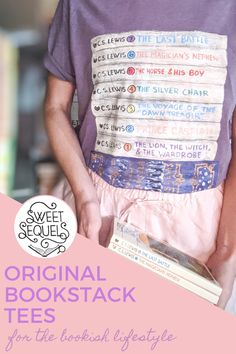 a man holding a stack of books with the title sweet sequie's original bookstore tees for the english lifestyle