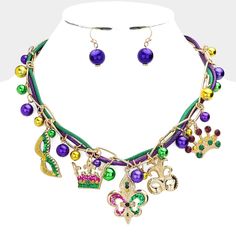 Necklace Size : 18" + 3" L Decor Size : 2" L Earring Size : 1" L Green Jewelry For Mardi Gras Party, Multicolor Dangling Charms Pendant Jewelry, Multicolor Pendant Jewelry With Dangling Charms, Purple Beaded Jewelry For Mardi Gras, Multicolor Dangling Charms Jewelry For Party, Purple Jewelry For Mardi Gras, Multicolor Jewelry With Dangling Charms For Party, Multicolor Dangle Jewelry With Lobster Clasp, Multicolor Jewelry With Dangle Adjustable Chain