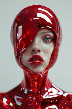 a woman with red paint on her face and body is wearing a futuristic helmet that looks like a human head