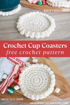 crochet cup coasters with text overlay that reads, crochet cup coasters free crochet pattern