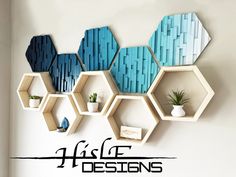 the wall is decorated with hexagonal shelves