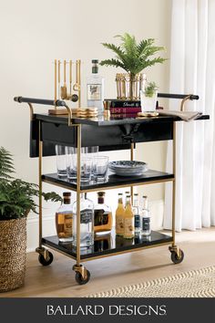 Photo of black and gold bar cart Wine Rack Above Bar Cart, Bar Cart As A Side Table, Bar Carts Brass, Bar Cart With Plates, Single Shelf Bar Cart, Bar Shelves Carts, Cube Shelf Bar Cart, Lamp On Drinks Trolley, Living Room Bar Carts