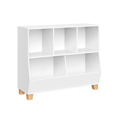 a white bookcase with three shelves and two wooden legs