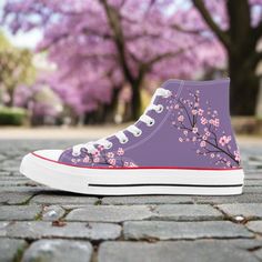 Wysteria Sakura  High Top Canvas Shoes Converse Shoes Aesthetic, Streetwear Tokyo, Manga Sakura, Edo Japan, Shoes Streetwear, Embroidered Converse, Ren Fair, Vegan Leather Boots, Shoe Designs