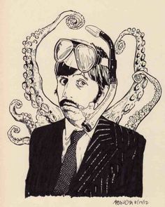 a drawing of a man with an octopus on his head and goggles over his eyes