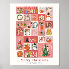 a christmas card with the words merry christmas in red and green, surrounded by holiday decorations