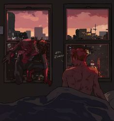 a man laying in bed next to a window looking out at the cityscape