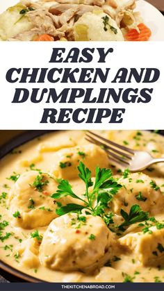 chicken and dumplings recipe with text overlay