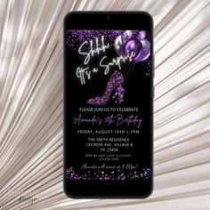 a purple high heel shoe birthday party with balloons and streamers on the phone screen