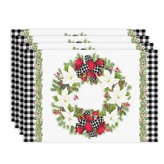 three placemats with bows and poinsettis on them, one is black and white