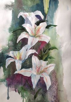 watercolor painting of three white lilies with green leaves and purple flowers in the background