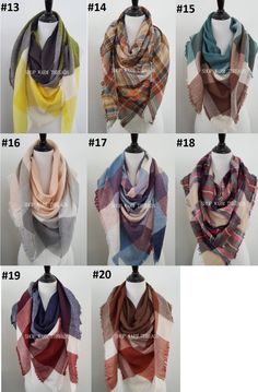 "A perfect and trendy fall/winter accessory. These scarves are super soft and available in 2 different styles/size and available in many different colors to match any outfit. Can be styled in variety of ways to your liking. Also great for gift giving. TRIANGLE STYLE: approx 75\" x 55\" SQUARE STYLE: approx 55\" x 55\" Care: mild soap, cold water, hang dry 15% DISCOUNT Spend $30 and get 15% discount off your purchase. Enter coupon code SWTSALE15D during checkout to receive a 15% discount off your Fall Wedding Shawl, Bridesmaid Blanket, Blanket Scarf Plaid, Blue Plaid Blanket, Winter Bridesmaids, Scarf Blanket, Tartan Plaid Scarf, Monogrammed Scarf, Plaid Shawl