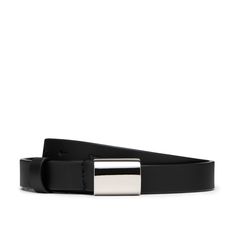 G. Label by goop Slim Belt in Black/Silver, XS/M: Measuring three quarters of an inch wide, this waist-cinching accessory is made in Italy from smooth, scratch-resistant leather and embellished with a sleek, mirrored buckle for a sophisticated finish.100% leather Made in Italy. Slimmer Belt, Cinched Waist, Black Belt, Three Quarter, Black Silver, In Italy, Buckle, Sleek, Women Accessories