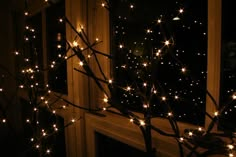 a tree with white lights in front of a window