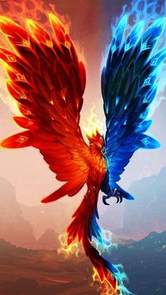 a colorful bird flying through the air with fire and flames around it's wings