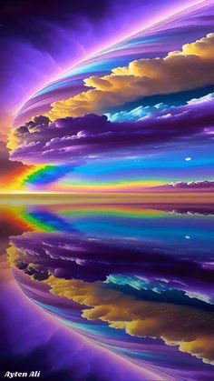 an abstract painting with rainbows and clouds in the sky, reflecting water on the ground