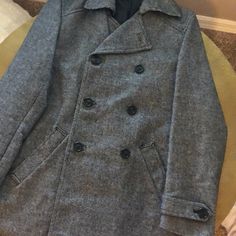 Wool-Blended Long Pea Coat In Perfect Condition. Never Worn. No Tags. Size 36r Classic Charcoal Outerwear For Fall, Casual Gray Outerwear With Double Button Closure, Gray Double-breasted Winter Outerwear, Casual Fitted Pea Coat With Pockets, Gray Business Pea Coat With Button Closure, Business Gray Pea Coat With Button Closure, Casual Winter Peacoat With Double Button Closure, Fitted Pea Coat With Pockets For Cold Weather, Classic Fitted Charcoal Outerwear