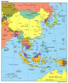 a large map of asia with all the countries and their major cities on it's borders