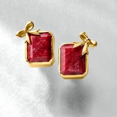 Ross-Simons - 10.00 ct. t. w. Ruby Bow Earrings in 18kt Gold Over Sterling. A perfect present! Here, 10.00 ct. t. w. rubies are wrapped up pretty with bows of 18kt yellow gold over sterling silver. Post/clutch, ruby bow earrings. Ruby birthstones are the perfect gift for July birthdays. Elegant Evening Earrings For Valentine's Day, Luxury Formal Earrings For Valentine's Day, Classic Jewelry For Valentine's Evening, Elegant Polished Earrings For Valentine's Day, Valentine's Day Gift Earrings With Polished Finish, Valentine's Day Fine Jewelry Earrings For Formal Occasions, Yellow Gold Clip-on Jewelry For Gift, Clip-on Earrings For Valentine's Day Gift, Valentine's Day Clip-on Earrings Gift