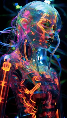 an abstract image of a woman's body with neon lights in the back ground